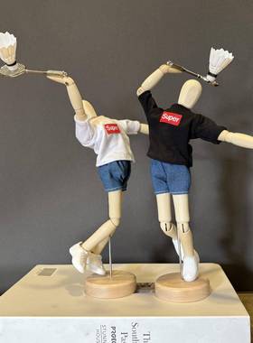 梧棣木人创意羽毛球主题装饰摆件精致羽毛球礼品木偶人关节可动