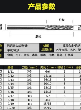 模型硬质合金旋转锉电动木工雕刻刀金属电磨打磨头3mm钨钢铣刀