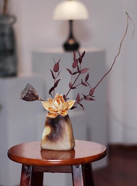 干花花束莲蓬紫荆花真花永生花仿古陶瓷瓶边几斗柜台餐桌装饰摆件