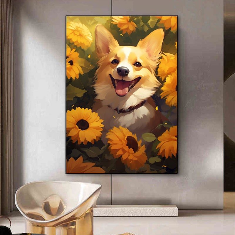 向日葵柴犬小狗狗装饰画治愈系动物客厅宠物店儿童房卧室床头挂画,淘宝优惠券,粉丝福利购,淘宝优惠卷