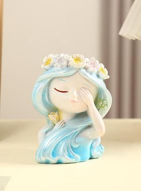 创意女孩仿真花盆园林家居卧室办公桌桌面装饰树脂工艺品摆件婚庆