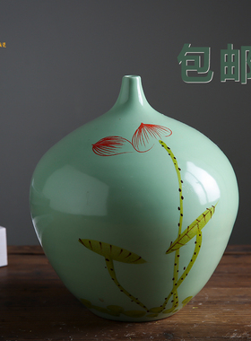现代简约c欧式陶瓷三件套客厅花瓶干插花酒柜装饰摆件饰品绿色荷