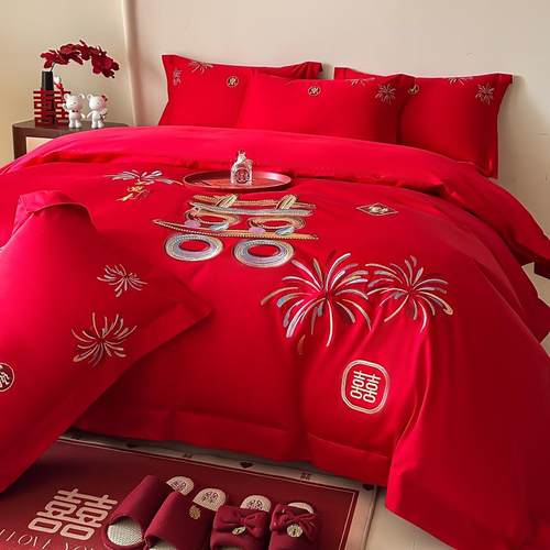 结婚四件套床上用品高档红色喜庆婚嫁婚房被套罩喜被床单2025新款 - 图2