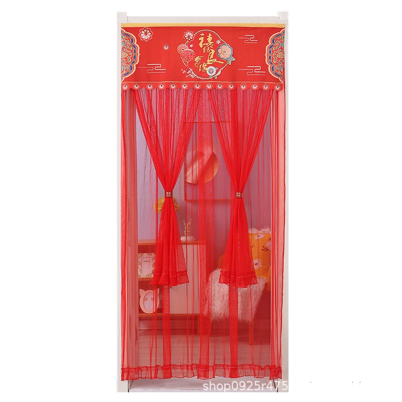蕾丝大红色新中式结婚防蚊纱卧室门帘新婚婚房布置装饰婚庆帘 - 图3