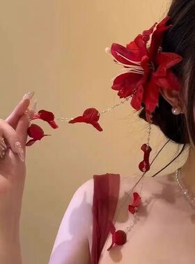 东方美学红花朵流苏发夹高级发饰