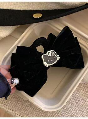 黑色kitty抓夹~丝绒蝴蝶结复古法式KT猫咪后脑勺盘发鲨鱼夹发饰女