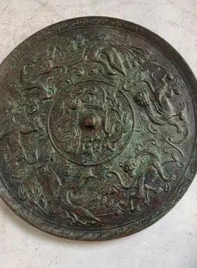 彷古青铜器风水老摆件古玩包老做旧古董镇宅纯铜海兽镜错银古铜镜