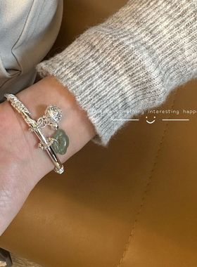 足银999闭口繁华似锦花丝足银手镯 吊宫铃和田玉如意  首饰银饰