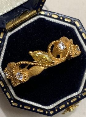 XBK黄钻戒拉丝气质树叶古风中镶