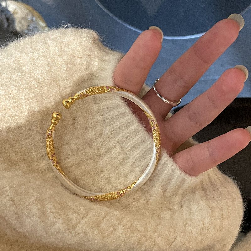 XBK99木槿花99葫芦头纯银手镯绕丝描金粉色足银 珐琅开口银手镯实 - 图1