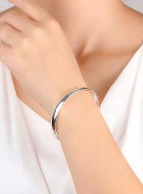 9999光面银手镯纯银女简约闭口实心素圈宽面手镯年轻款银环银饰品