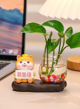 可爱熊猫玻璃透明花瓶小摆件办公室工位桌面水培花艺小绿植插花器