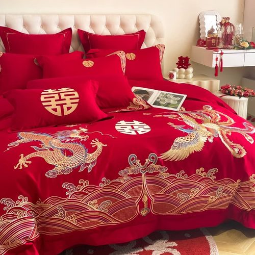 高档龙凤刺绣结婚四件套大红色被套纯棉全棉婚庆床上用品婚房喜被 - 图1