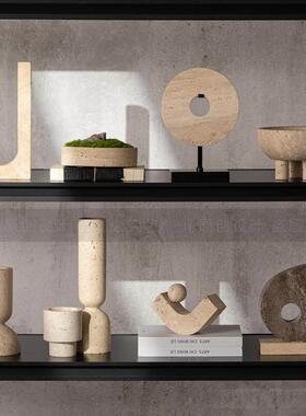 极简侘寂风黄洞石艺术摆件天然高端大理石花瓶花器开放格书架饰品