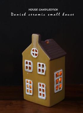 休闲自然出口斯堪的纳维亚手绘经典陶瓷房子烛台家庭装饰饰品烛光