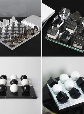 现代简约大理石水晶玻璃棋盘摆件样品屋展示中心样板间装饰轻奢国