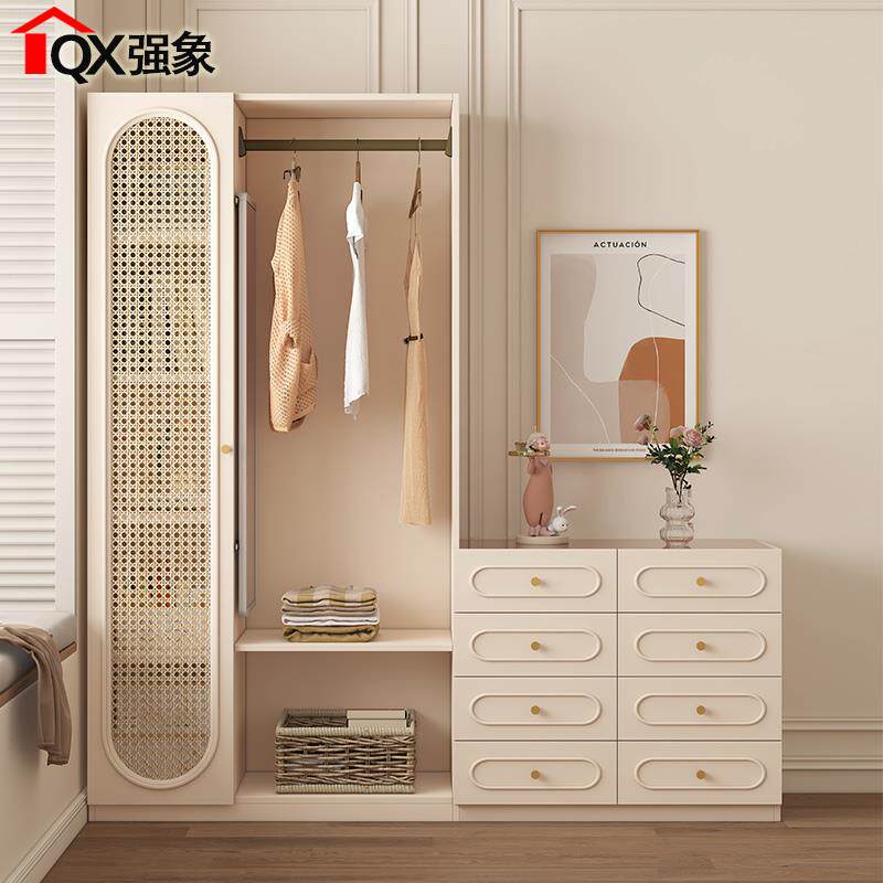 奶油原木风仿藤编床尾柜斗柜一体挂衣架衣柜卧室收纳柜衣帽架A63 - 图1