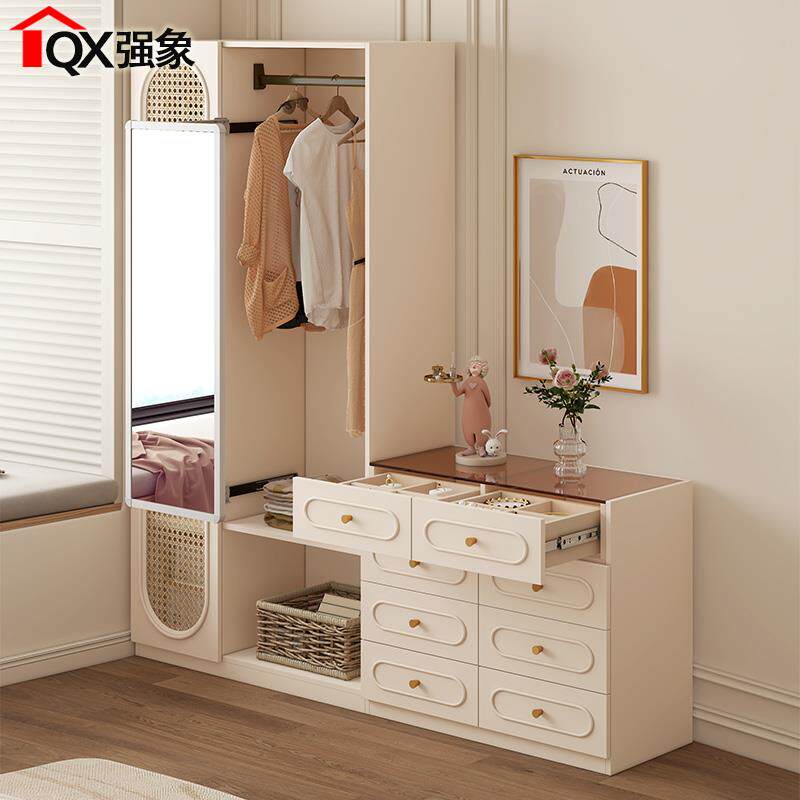 奶油原木风仿藤编床尾柜斗柜一体挂衣架衣柜卧室收纳柜衣帽架A63 - 图0