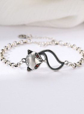 S925纯银手链空托狐狸手环银空托镶嵌蜜蜡琥珀绿松石复古手镯空托