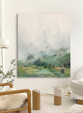 迷雾山景手绘油画绿色风景装饰画客厅挂画抽象青绿山水玄关肌理画