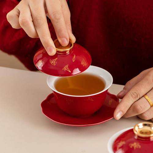 唐呈结婚改口敬茶杯一对红色陶瓷盖碗杯子套装新人婚礼喜庆敬酒杯 - 图1