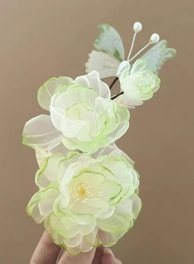 新中式牡丹花渐变绿绢花发夹