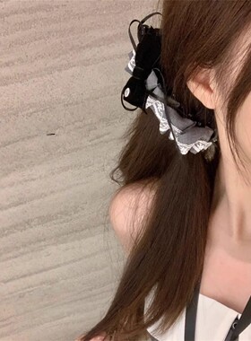 法式格蕾系灰色丝绒蝴蝶结蕾丝香蕉夹后脑勺盘发抓夹发饰温柔竖夹