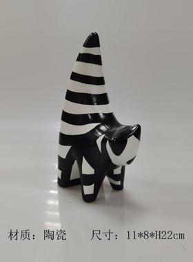 现代北欧简约几何陶瓷黑白线条平面猫咪动物摆件家居样板间装饰品