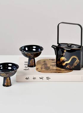 现代轻奢中古宋式插花描金茶具花器花艺摆件家居装饰组合高级感