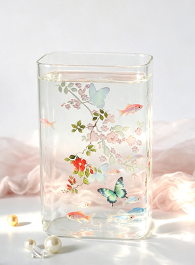 花卉蝴蝶玻璃花瓶透明方斗鱼缸