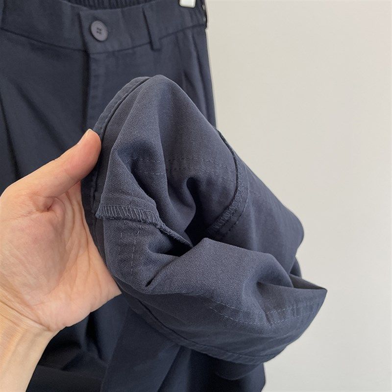 柠波家。卷边宽脚口半松紧腰工装阔腿裤女秋韩系宽松显瘦直筒长裤,淘宝优惠券,粉丝福利购,淘宝优惠卷