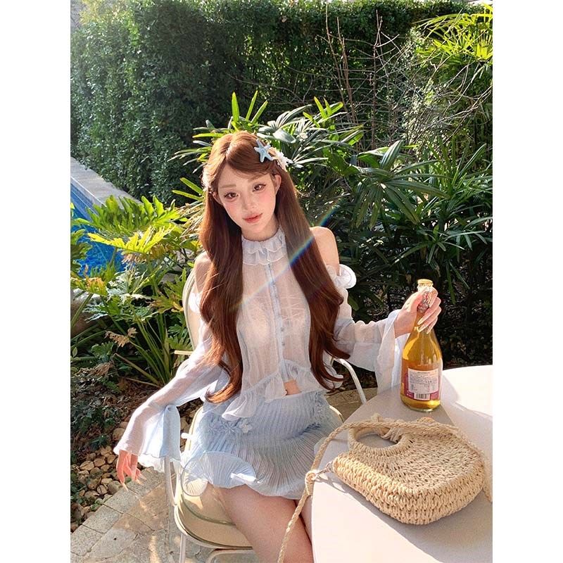甜梨呆呆  薄荷曼波 夏季套装女微透露肩雪纺衫上衣+半身裙两件套,淘宝优惠券,粉丝福利购,淘宝优惠卷