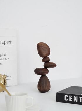实木磁吸平衡石小摆件高级创意解压胡桃木工艺品现代玄关装饰摆台