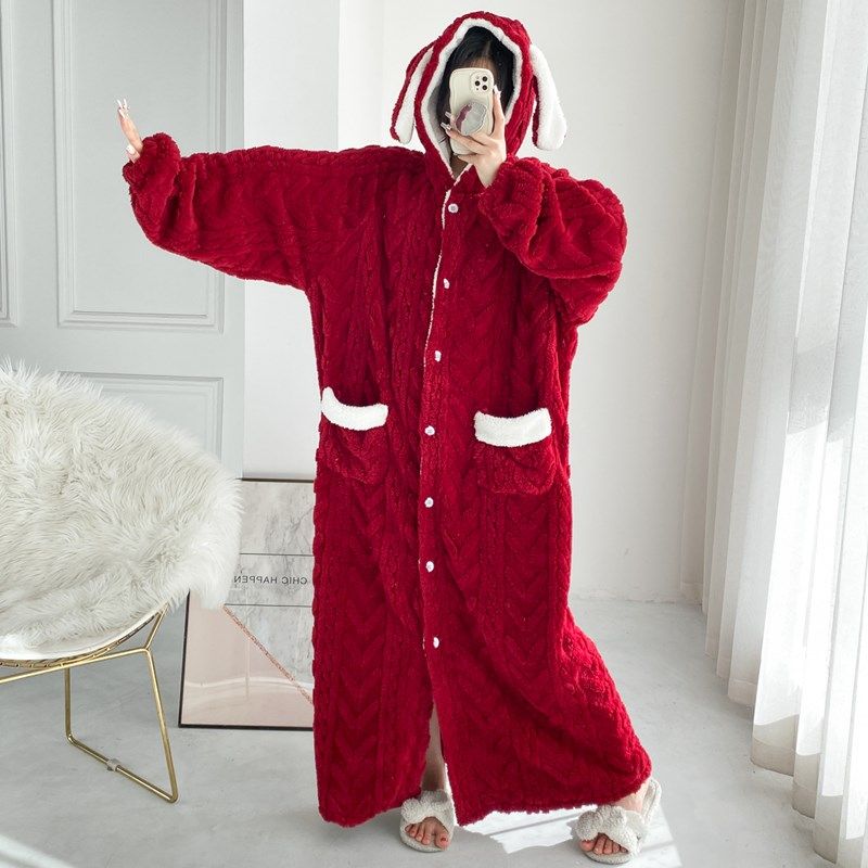 超长提花法兰绒睡裙开衫加厚加长睡袍大码加绒宽松胖MM睡衣女冬季,淘宝优惠券,粉丝福利购,淘宝优惠卷