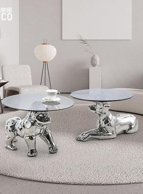 大型艺术茶几落地动物角茶几摆件客厅沙发小圆装桌狗家居饰品狗艺