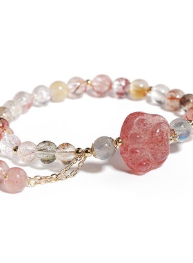 天然水晶招桃花手链新款小众发晶流苏手串韩版草莓晶猫爪手链手饰