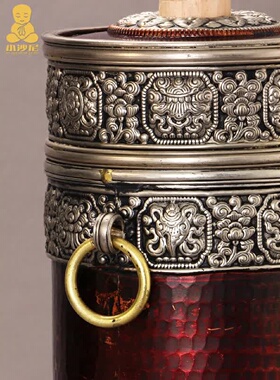 红铜酥油茶打茶桶组合实木擂茶棒尼泊尔款手工藏式民族糌粑盒摆件