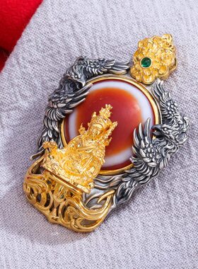 S925纯银镀金镶嵌羊板眼天珠莲花生大士随身护法银吊坠男女吊坠