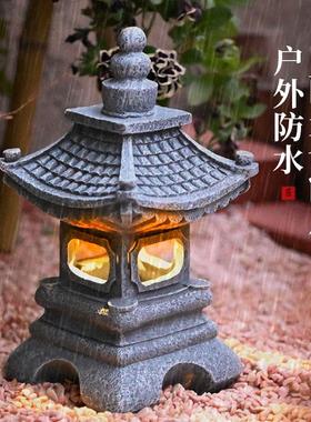 日式装饰太阳能宫灯禅意摆件仿古石塔灯笼花园别墅阳台庭院小夜灯