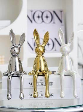 现代轻奢电镀银兔子摆件玄关酒柜电视柜客厅家居隔断房间软装饰品