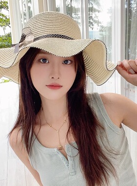 防晒草帽女2026新款夏季蝴蝶结女式太阳遮阳帽海边防紫外线大帽檐