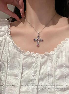 芭比粉色十字架项链甜酷辣妹穿搭choker项圈女夏天叠戴独特锁骨链