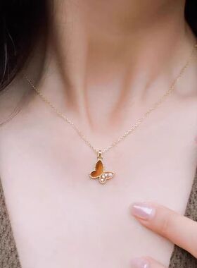 【蝴蝶】虎眼石珍珠项链原创高级感美拉德轻奢小众焦糖吊坠女款