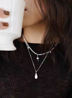 拉丝白玛瑙星芒双层项链女款百搭锁骨轻奢气质精致时尚毛衣链新款