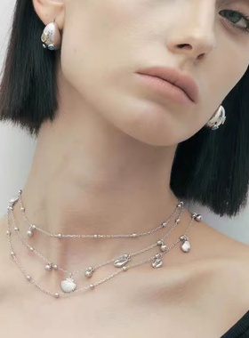 多层珍珠贝壳星星项链女时尚百搭银色个性轻奢高级感气质精致细链
