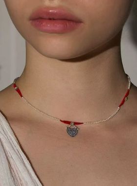 复古爱心吊坠红丝绒蜡线黑色满钻珍珠项链女法式复古小众手链设计