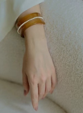 珍珠羊角宽手镯新中式小众设计时尚百搭高级感简约个性潮流气质