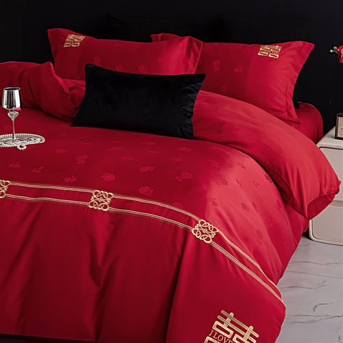 大红色婚礼四件套缎面提花被套婚礼床单亲肤棉加厚拉丝棉床上用品 - 图0