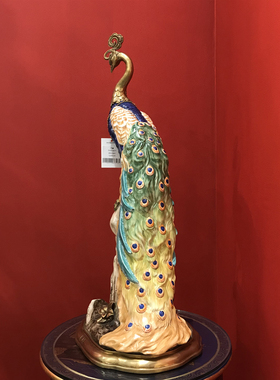 凤凰美居奢华陶瓷镶铜蓝色孔雀装饰摆件奢华别墅客厅Z门厅装饰品