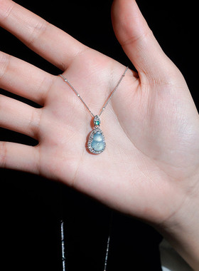 天然翡翠葫芦项链女s925纯银国潮轻奢感海蓝宝色小葫芦项链锁骨链